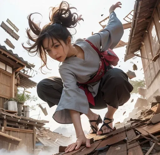 (masterpiece),(best quality:1.5), (ultra highres:1.5),Japanese woman in kimono landing on roof、Acrobatics、Twisting the body、Gaze Here、Close your mouth、A confident and serious look、Place your left hand on the ground、Extend your right hand back、Collapsed Jap...