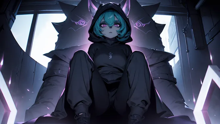 girl, large black sweatshirt, sitting posture, calm look, sitting in front, legs open, a dark room, evil eyes, glowing skin, loo...