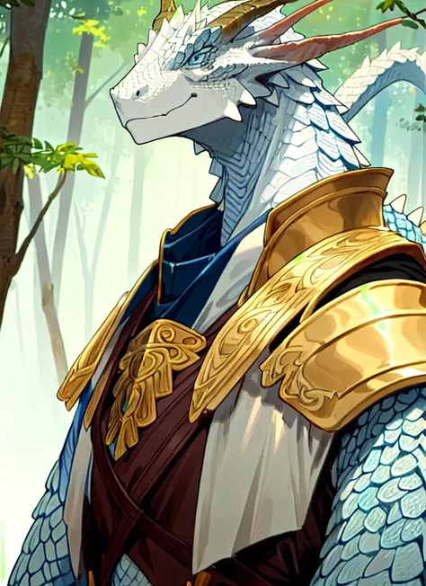 white silver dragonborn, male, horns, solo, scales, leather armor, tail, upper body, closed mouth, forest background , ((masterpiece, best quality)), dark blue eyes,