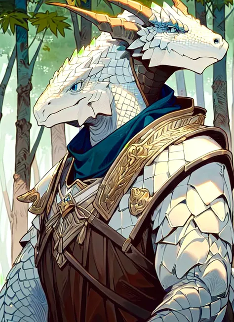 white silver dragonborn, male, horns, solo, scales, leather armor, tail, upper body, closed mouth, forest background , ((masterpiece, best quality)), dark blue eyes,