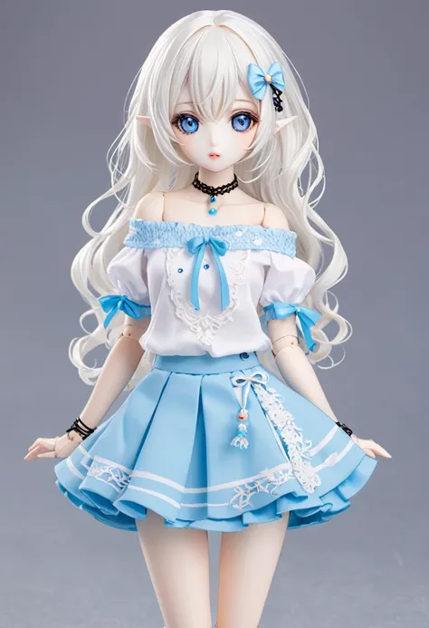 ball jointed doll、girl、off-the-shoulder short-sleeve mini skirt、blue eyes、white hair、whole body