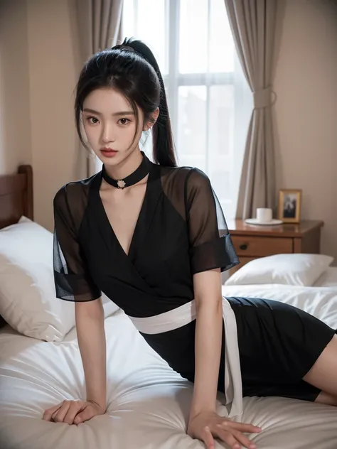 korean model , slim body , 167cm ，Movie Angle，long black ponytails hairstyle, （Cute girl，anatomy correct, see-through blouse，（ art，geomerty），（plethora of colorest quality，high detal，tmasterpiece，Cinematic lighting effects，4K，Chiaroscuro）,  on the bed