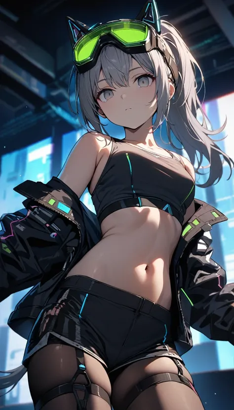 a handsome girl, solo,
gray hair, pony tail, gray eyes, bright eyes, cyber punk jacket, tank top, goggles on head, [navel], off shoulder, open jacket, black shorts, black tights, garter rings, expressionless, blurry background, perfect lighting, 
perfect a...