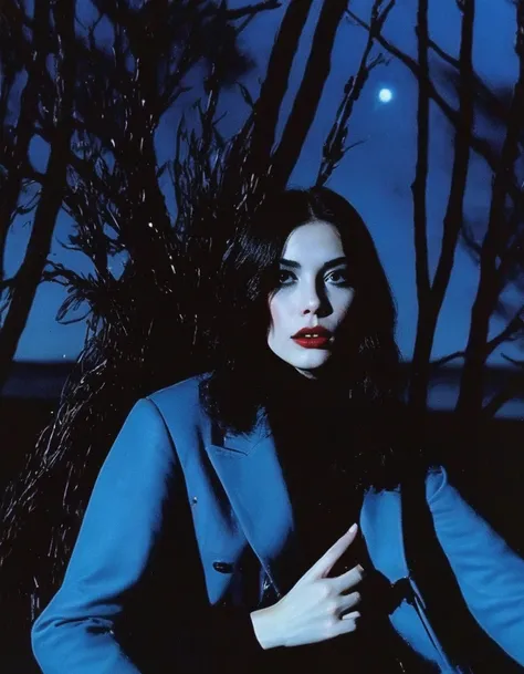 film photography, vintage, fashion photography of horror with 90s beautiful fashion model, blue night forest background