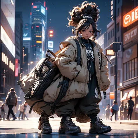 Curly brown hair, bun, dark skin, black eyes, streetwear fashion, smug, fight scene, city, nightime