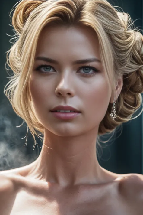 An amazing portrait of a stunning American woman, (40 years old:1.5), tall, voluptuous, hourglass figure, (updo hairstyle:1.5), (blonde:1.5), (face of Rebecca Romijn:1.6), dressed in cute ruched halter dress, detailed eyes, detailed hair, stunning facial f...