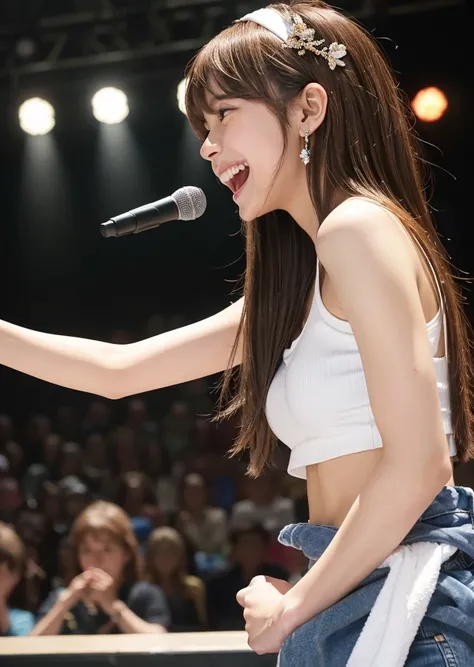 profile、Turned around、Butt,Flat Chest、(Slim body）、((Slim body))、Long Hair,Straight Bangs,Embarrassing,masterpiece,diamond、Earrings,background of fantasy,(((Brown Hair)))、 hair ornaments,Headband,Brown Hair, White T-shirt、hot pants、Sports towel draped over ...