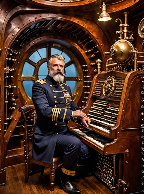 photo focus on male focus, indoors, realistic scenery, (captain nemo:1.1),  playing the organ, pipe organ, music, inside the nautilus submarine, wood and metal decor, close-up, arch, chair, loaded military uniform, steampunk nautilus-style. very wide shot,...