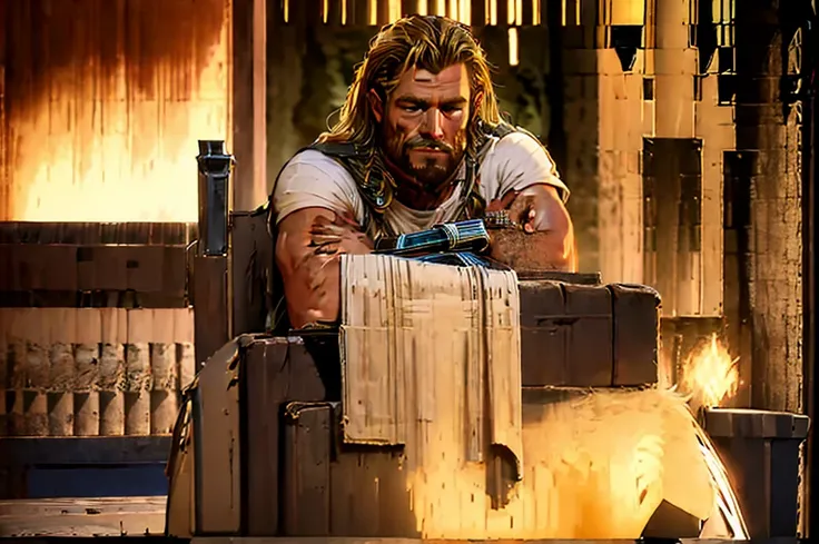 produce an image with maximum quality and cinematic style portraying thor in a humorous and relaxed way. depict thor sitting in ...