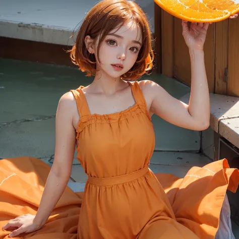 (a baby  girle, kitchen, sunny day, orange sundress, RAW, UHD, 8K, close up portrait:19.16, head, highly detailed face, stunning eyes, orange short hair, back towards camera, wet clothes, vibrant colors, warm sunlight)