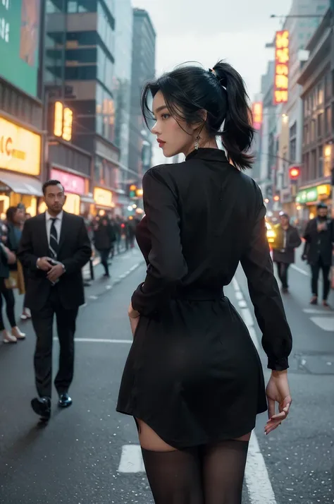 (((best quality))),(((ultra detailed))),(((masterpiece))),illustration,1girl,slim,vibrant cotton dress,short ponytail,pantyhose,standing, bustling city streets, honking cars,surrounded by crowded crowds, colorful advertisements,enjoying sights and sounds,(...