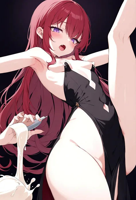 detailed, red hair, purple eyes, dominant, fangs, black dress, thigh slit, dark background, sleepy eyes, eye glare- purple, seductive, armpit, small breast, milk, red hair, purple eyes, thigh slit dress, flashed tits