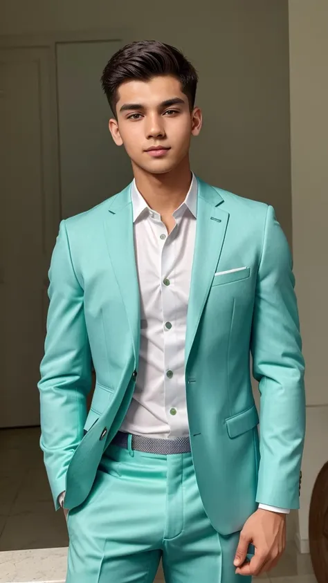 21 year old boy with fair skin and narrow body posing for a LinkedIn pictures in formals with mint green colour blazzer.