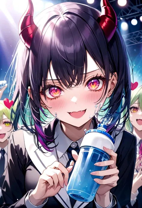 (detailed), female teen idol in an office uniform demonstrating water filter. cinematic background. epic background. in the concert stage. in the concert stage. holding water filter, multicolored hair, bangs, crazy eyes, demon horns, heart-shaped pupils, e...