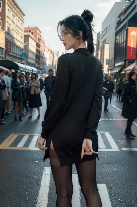 (((best quality))),(((ultra detailed))),(((masterpiece))),illustration,1girl,slim,vibrant cotton dress,short ponytail,flat chest,pantyhose,standing, bustling city streets, honking cars,surrounded by crowded crowds, colorful advertisements,enjoying sights a...