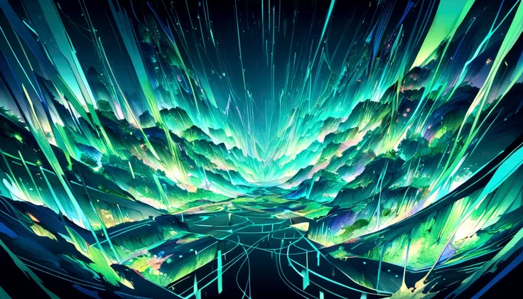 A vibrant digital network landscape with interconnected nodes and glowing data streams. The image should have a sense of motion and energy, with blue and green colors dominating the scene, symbolizing data flow and connectivity.