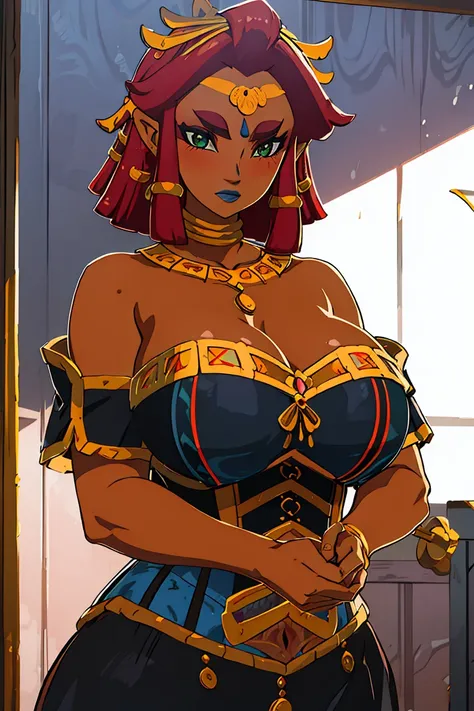 best quality, high resolution, large breasts, red hair, blush, embarrassed, cowboy shot, looking at viewer, Riju, blue lip, (((corset))), (((off shoulders))), (((gigantic breasts))), (((clean cleavage)))