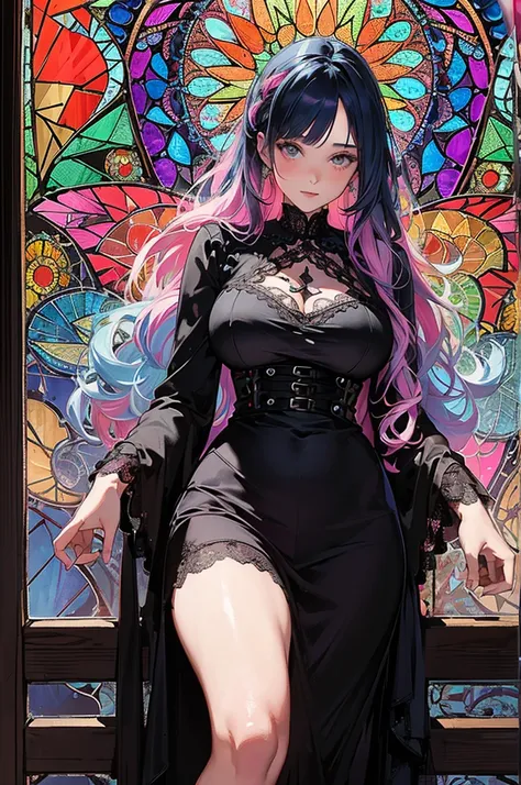 (Masterpiece, Best Quality), 8k,(((highly detailed))), lace:1.8,Super intricate lace pattern,colorful lace pattern,stained glass background, kaleidoscope,light-up,baggy Gothic, 1 woman,(wave hair,neon hair),big breasts,mirror