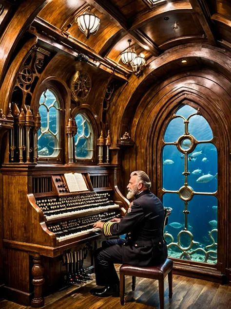 photo focus on male focus, indoors, realistic scenery, (captain nemo:1.1),  playing the organ, pipe organ, music, inside the nautilus submarine, large window in the background with underwater ocean, wood and metal decor, close-up, arch, chair, loaded milit...