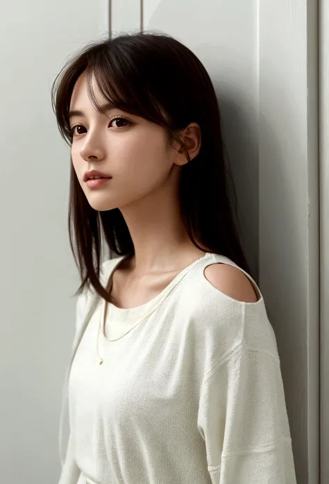 (best quality), (masterpiece), an 8K, 32K image of a beautiful Japanese woman with medium, shoulder-length hair. The image should focus on her upper body and have a surface focus. She should be wearing a long sleeve shirt and a necklace, with a white simpl...