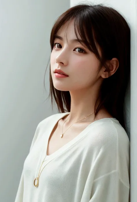 (best quality), (masterpiece), an 8K, 32K image of a beautiful Japanese woman with medium, shoulder-length hair. The image should focus on her upper body and have a surface focus. She should be wearing a long sleeve shirt and a necklace, with a white simpl...