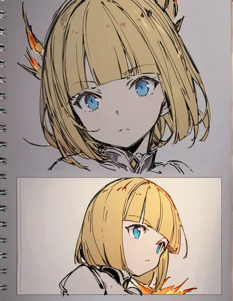 A girl fighting with golden flames(Sketches), (Open Close), (Small body), (Blonde:1.5） (Short Bob Hair:1.4), (Blue eyes)(Blunt bangs:1.3)
