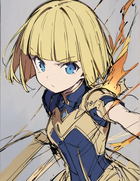 A girl fighting with golden flames(Sketches), (Open Close), (Small body), (Blonde:1.5） (Short Bob Hair:1.4), (Blue eyes)(Blunt bangs:1.3)
