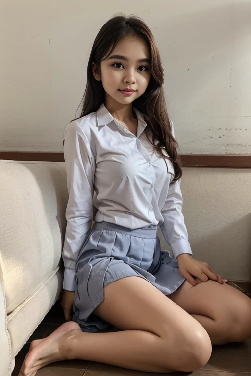 young sweet beautiful bogor city school girl, slim body, very georgeus face, 17 years old, wearing all unbuttoned indonesian whi...