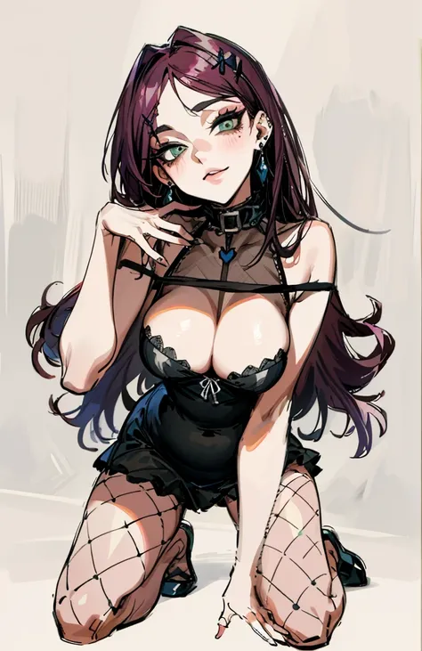 （best quality，masterpiece：1.2，detailed details，4K），((masterpiece)), ((best quality)), (ultra-detailed), anime style,large breast, slim, slender, ashamed, all fours ，Kneeling,Girl with modern gothic makeup, fair skin, long legs, black eyeshadow, Camisole, p...