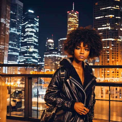 curly brown hair, bun, dark skin, black eyes, streetwear fashion, smug, city, nightime