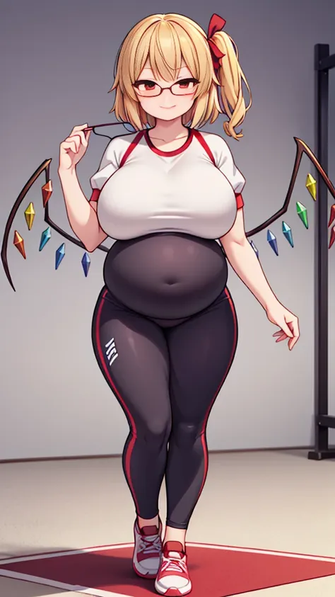 (full body, glasses), an image of a pregnant flandre scarlet wearing gym clothes with her belly on full display. she is a very v...