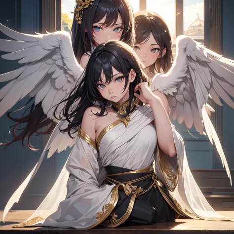 ((On the table, best quality)), Delicate face, Character Design Sheet，whole body, Perfect proportion，Rich in details, Multiple poses and expressions, Very detailed, Martial Arts Girl，1Girl with black wings，Gradient hair color，Golden，Delicate eyes, see thro...