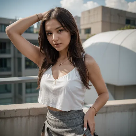 1girl in, 30 years old, Square face, Long hair, Looking at viewer, jewelry, Reality, Sexy, Short skirt outfit, sky background , free pose