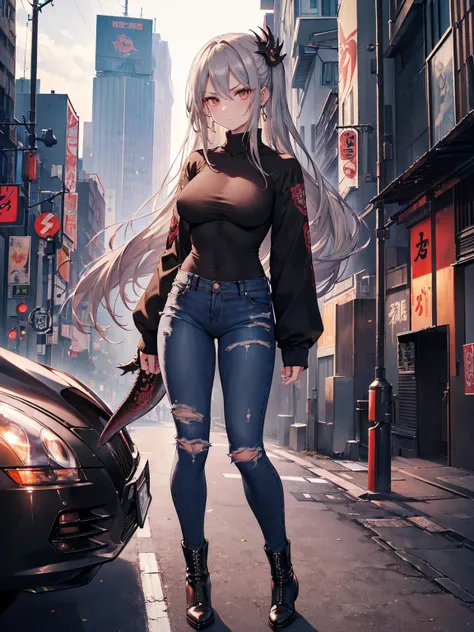 ((masterpiece, best quality)), ((1girl)), ((yakuza)), ((topless)), ((black jeans)), (ripped jeans), (black military boots), ((dark brown long straight hair)), serious, brown eyes, rosy cheeks, ((silver dragon irezumi on back)), dynamic angle, city backgrou...