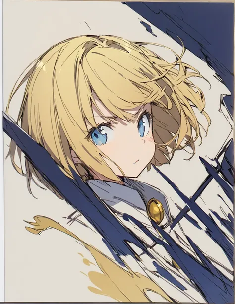 A girl fighting with golden flames(Sketches), (Open Close), (Small body), (Blonde:1.5） (Short Bob Hair:1.4), (Blue eyes)輝く
