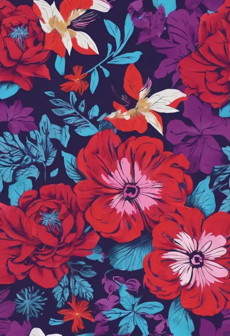 Floral print for shirt, red purple blue