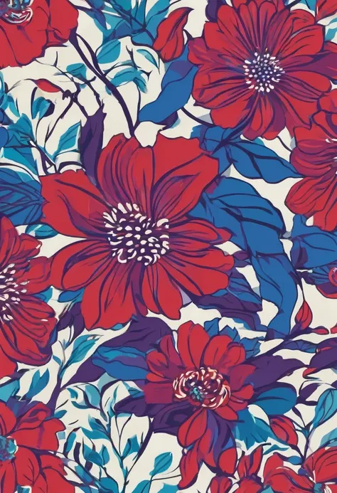 Floral print for shirt, red purple blue