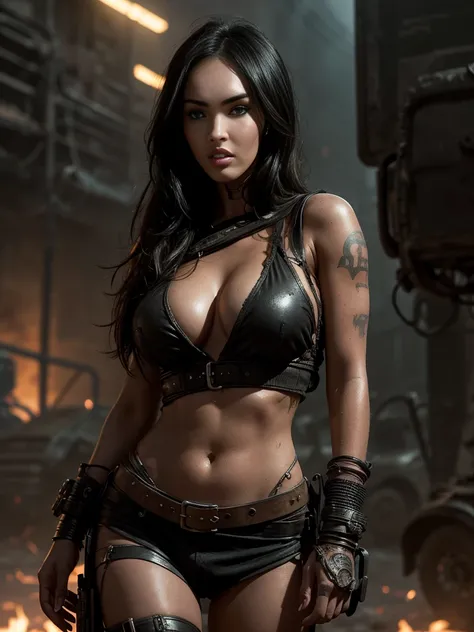 portrait 1 young woman,upper body,science fiction, complex ruined city background,big breasts,cleavage, mad max , futuristic, post-apocalyptic, dark, dim light, ((masterpiece, best quality)),looking at viewer,megan.fox