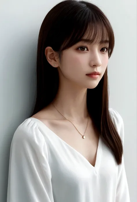 (best quality), (masterpiece), an 8K, 32K image of a beautiful Japanese woman with medium, shoulder-length hair. The image should focus on her upper body and have a surface focus. She should be wearing a long sleeve shirt and a necklace, with a white simpl...