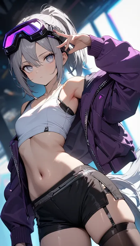 a handsome girl, solo,
gray hair, pony tail, silver eyes,(bright eyes:1.2), cyber punk purple jacket, white tank top, goggles on head, [navel], off shoulder, open jacket, black shorts, garter rings, expressionless, blurry background, perfect lighting, best...