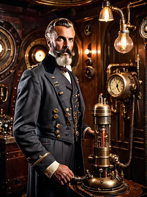 photo focus on male focus, indoors, realistic scenery, (captain nemo:1.1), retro-futuristic,  holding a vacuum tube, thermionic valve ,   steampunk nautilus-style. very wide shot, character photo portrait, film, professional,