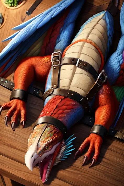 Colorful, feathered wyvern body lying down on the table. Wings spread out and Strapped to the table with leather straps. Mouth wide open with no teeth and fangs and tooth. Milk dripping out of mouth splattering onto the table. Milk inside the wyvern’s mout...