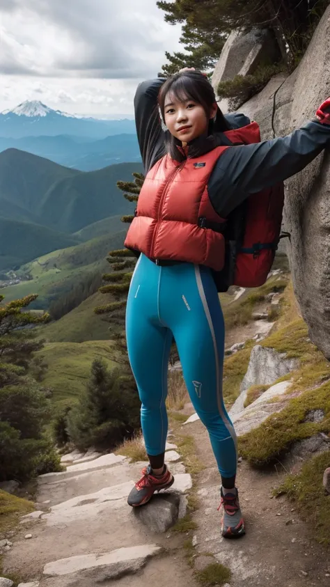 Mountain climbing, mountain trail, mountain climbing clothes, Japanese girl in her 20s, spreads her arms at the top of the mountain