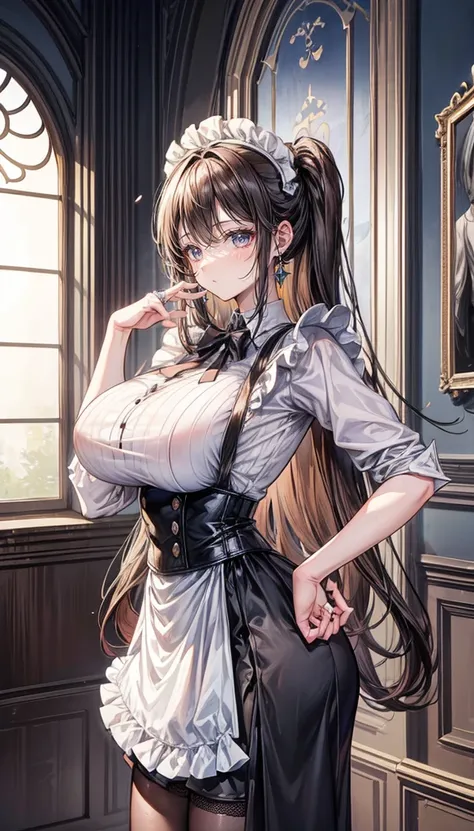 a beautiful woman, tall, adult Erina Nakiri, maid woman, French maid, long, brown hair, straight hair with curled ends, parted to the side, revealing the long silver earring in her ear, Her eyes were brown, cheerful looking face, a beautiful lady wearing f...