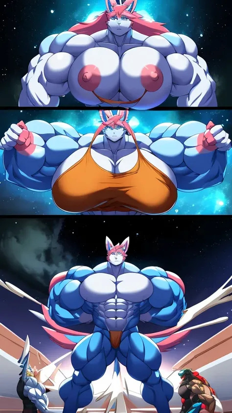 Pokemon, Sylveon, Female, extremely powerful, muscular, muscles, shirtless, clothesless, powerful abs, powerful arms, Anthro Female Sylveon, powerful muscles, powerful pecs, powerful legs, muscular abs, muscular pecs, muscular arms, muscular legs, ripped b...