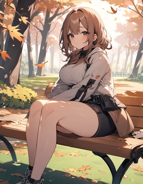 Young girl sitting on a bench in a park with her big beautiful thighs with leaves flying around her