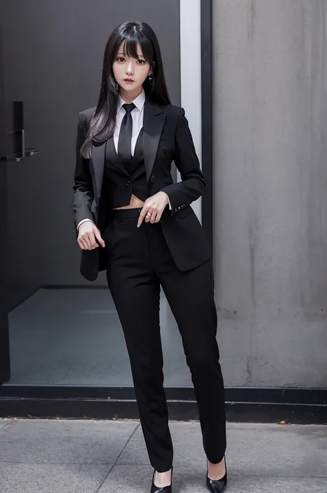 Long black hair girl in black suit　Red tie, black trousers　tall　Slightly larger breasts　With bangs　Thin legs