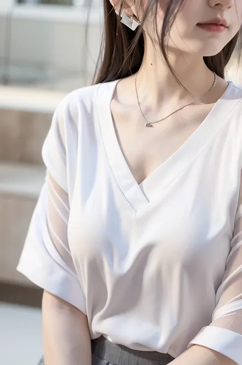 Close up portrait of woman in white shirt and gray skirt, Shirahime cut hairstyle, Smooth white tight clothing suit, White blouse, Wearing a white V-neck top, Wear a shirt, White fashionable clothes, White Hanfu, White, White blouseWear a shirt, Sailor sui...