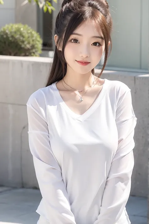 Close up portrait of woman in white shirt and gray skirt, Shirahime cut hairstyle, Smooth white tight clothing suit, White blouse, Wearing a white V-neck top, Wear a shirt, White fashionable clothes, White Hanfu, White, White blouseWear a shirt, Sailor sui...