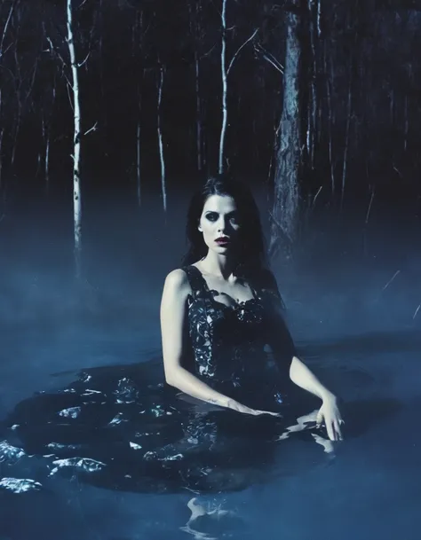 film photography, vintage, fashion photography of horror, horror witch zombie in black water, blue night forest background